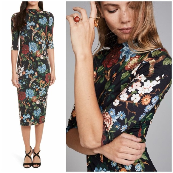 Alice + Olivia / Delora Bodycon midi Chinoiserie valley lake Floral Dress 0 - Picture 1 of 12